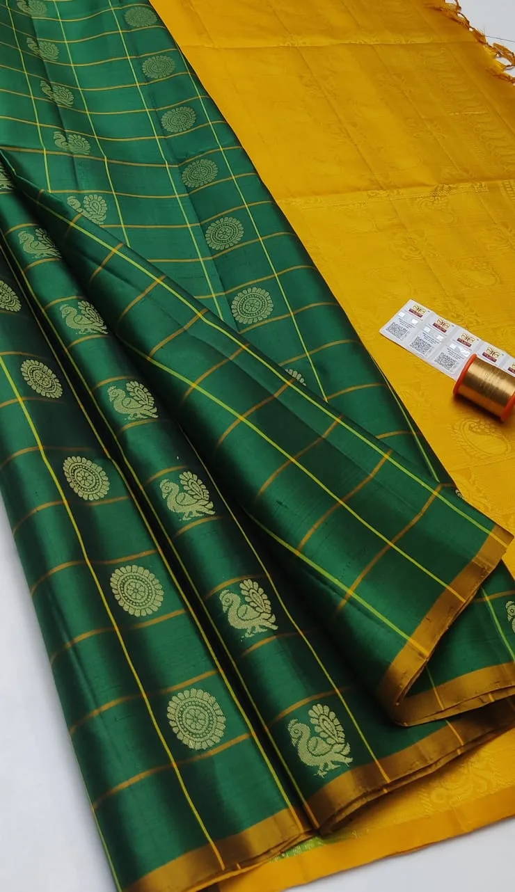 Wine Purple with Mustard Yellow Checked Pattern Kanchipuram Pure Silk Saree